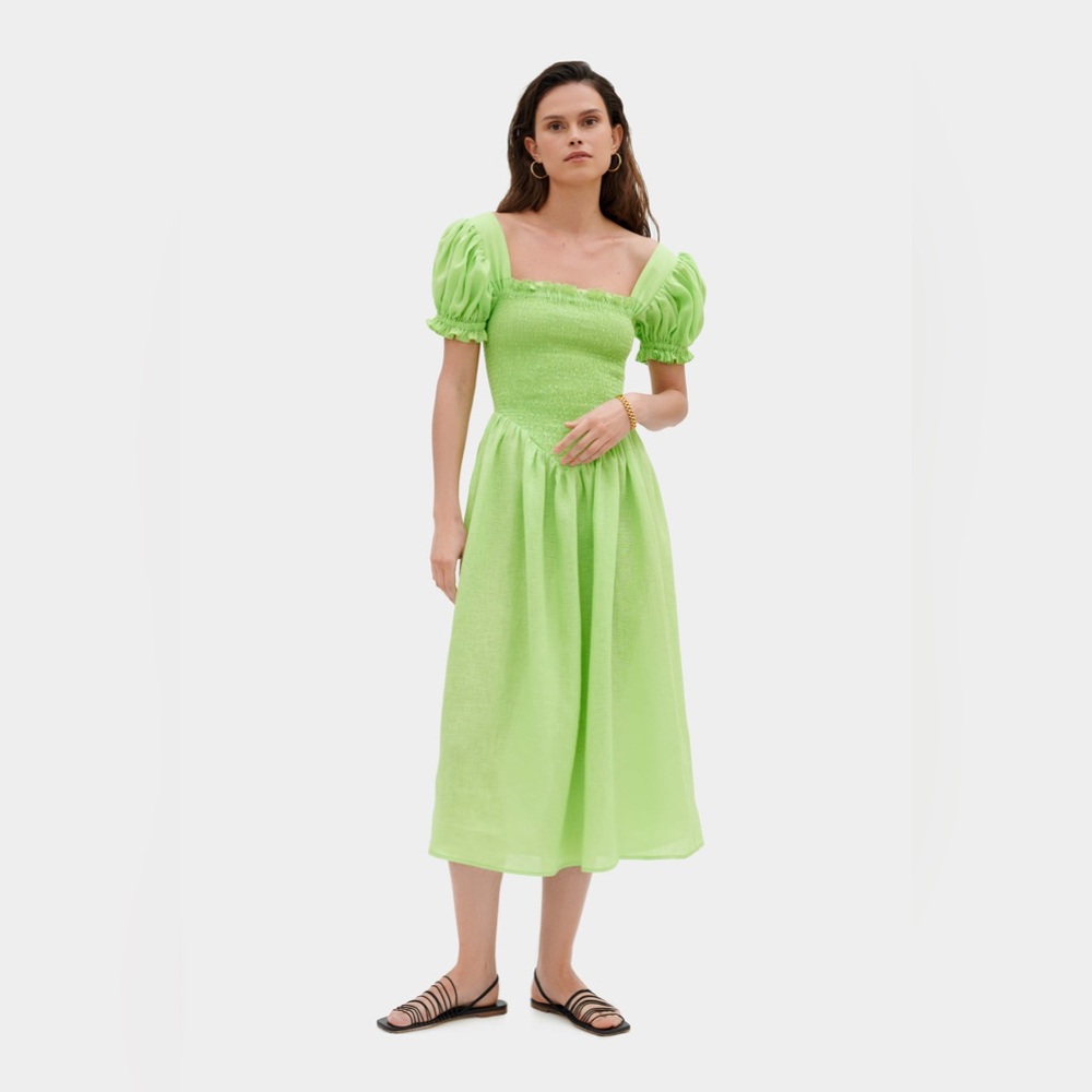 SLEEPER BELLE PUFF SLEEVE GREEN LINEN DRESS XL